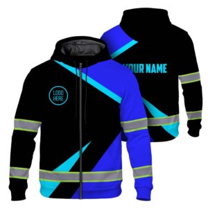 Hi Vis Zip Hoodie Uniform Reflective Blue Neon Custom Name And Logo Safety Workwear For Company, Group, Team