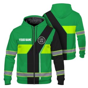 Hi Vis Zip Hoodie Uniform Reflective Lime Green Neon Custom Name And Logo Safety Workwear For Company, Group, Team