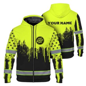 Hi Vis Zip Hoodie Uniform Reflective Lime Neon 2 Custom Name And Logo Safety Workwear For Company, Group, Team