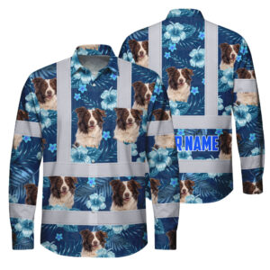 Hi Vis FR Button Long Sleeves Reflective Tapes Blue Flowers Custom Name And Image Safety Workwear For Workers, Truckers, Operators, Company, Pet Lovers