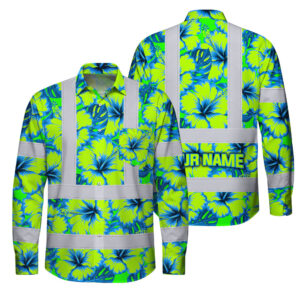 Hi Vis FR Button Long Sleeves Reflective Tapes Blue Neon And Green Flowers Custom Name Safety Workwear For Workers, Truckers, Operators