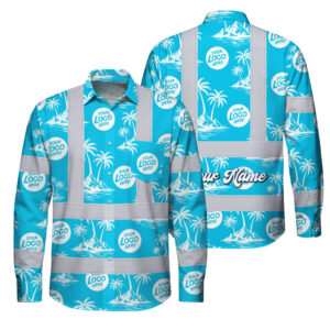 Hi Vis FR Button Long Sleeves Reflective Tapes Blue Neon And White Flowers Custom Name And Logo Safety Workwear For Workers, Truckers, Operators, Company