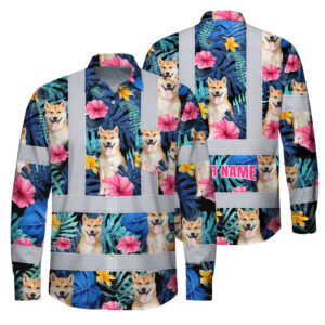 Hi Vis FR Button Long Sleeves Reflective Tapes Blue Pink Flowers Custom Name And Image Safety Workwear For Workers, Truckers, Operators, Company, Pet Lovers
