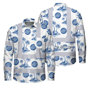 Hi Vis FR Button Long Sleeves Reflective Tapes Dark Blue And White Flowers Custom Name And Logo Safety Workwear For Workers, Truckers, Operators, Company