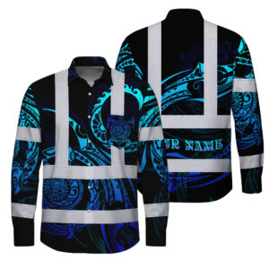 Hi Vis FR Button Long Sleeves Reflective Tapes Gradient Turtle Hawaiian Polynesian Tribal Custom Name Safety Workwear For Workers, Truckers, Operators