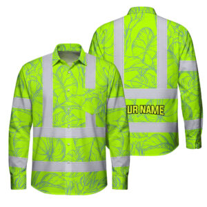 Hi Vis FR Button Long Sleeves Reflective Tapes Green Neon Flowers Custom Name Safety Workwear For Workers, Truckers, Operators