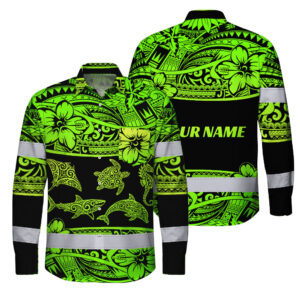 Hi Vis FR Button Long Sleeves Reflective Tapes Green Neon Hawaiian Polynesian Tribal Custom Name Safety Workwear For Workers, Truckers, Operators