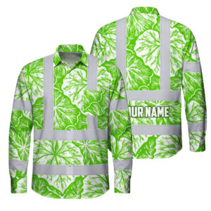 Hi Vis FR Button Long Sleeves Reflective Tapes Green Neon White Flowers Custom Name Safety Workwear For Workers, Truckers, Operators