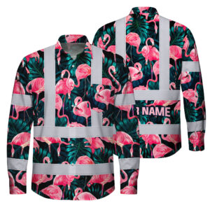 Hi Vis FR Button Long Sleeves Reflective Tapes Hawaii Flamingo Custom Name Safety Workwear For Workers, Truckers, Operators