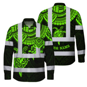 Hi Vis FR Button Long Sleeves Reflective Tapes Hawaiian Green Turtle Flower Hawaiian Polynesian Tribal Custom Name Safety Workwear For Workers, Truckers, Operators