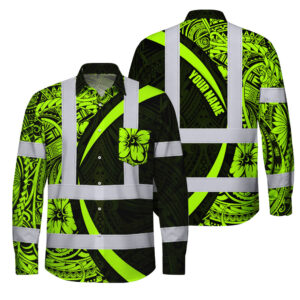 Hi Vis FR Button Long Sleeves Reflective Tapes Hawaiian Polynesian Tribal Custom Name Safety Workwear For Workers, Truckers, Operators