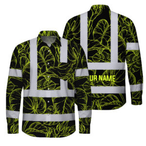 Hi Vis FR Button Long Sleeves Reflective Tapes Lime Neon Flowers Custom Name Safety Workwear For Workers, Truckers, Operators