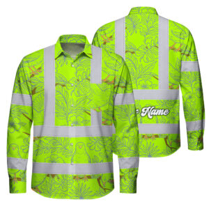 Hi Vis FR Button Long Sleeves Reflective Tapes Lime Neon White 2 Flowers Custom Name Safety Workwear For Workers, Truckers, Operators