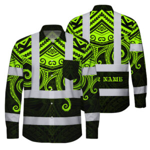 Hi Vis FR Button Long Sleeves Reflective Tapes Octopus Hawaiian Polynesian Tribal Custom Name Safety Workwear For Workers, Truckers, Operators