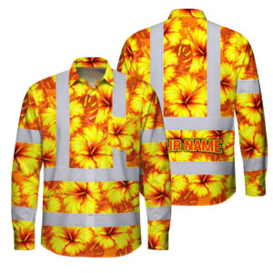 Hi Vis FR Button Long Sleeves Reflective Tapes Orange Neon And Yellow Flowers Custom Name Safety Workwear For Workers, Truckers, Operators