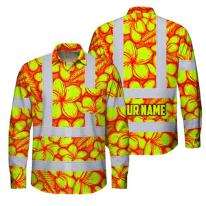 Hi Vis FR Button Long Sleeves Reflective Tapes Orange Neon Lime Plumeria Custom Name Safety Workwear For Workers, Truckers, Operators