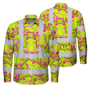 Hi Vis FR Button Long Sleeves Reflective Tapes Pink And Lime Neon Frog Custom Name Safety Workwear For Workers, Truckers, Operators