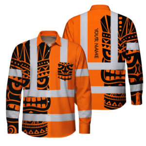Hi Vis FR Button Long Sleeves Reflective Tapes TiKi Hawaiian Orange Neon Polynesian Tribal Custom Name Safety Workwear For Workers, Truckers, Operators
