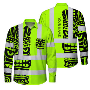 Hi Vis FR Button Long Sleeves Reflective Tapes TiKi Hawaiian Polynesian Tribal Custom Name Safety Workwear For Workers, Truckers, Operators