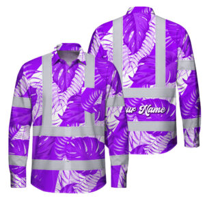Hi Vis FR Button Long Sleeves Reflective Tapes Violet Neon Flowers Custom Name Safety Workwear For Workers, Truckers, Operators