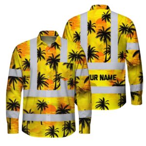 Hi Vis FR Button Long Sleeves Reflective Tapes Yellow Neon Flowers Custom Name Safety Workwear For Workers, Truckers, Operators