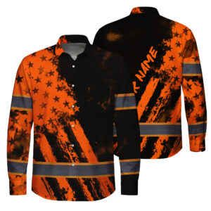 Hi Vis FR Fire Resistant Button Long Sleeves Reflective Tapes Orange Neon And Black US Flag Custom Name Safety Workwear For Workers, Truckers, Operators