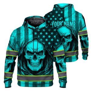 Hi Vis Hoodie Reflective Blue Neon American Flag Skull Custom Name Safety Workwear For Workers, Runners, Cyclists, Trucker, Operator