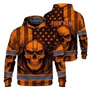 Hi Vis Hoodie Reflective Orange Neon American Flag Skull Custom Name Safety Workwear For Workers, Runners, Cyclists, Trucker, Operator
