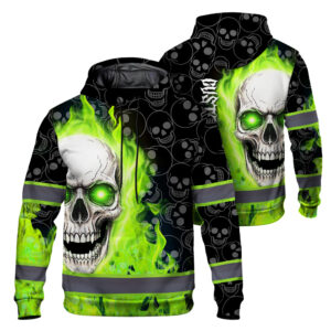 Hi Vis Hoodie Reflective Tape Green Neon Skull Custom Name Safety Workwear For Workers, Truckers, Operators