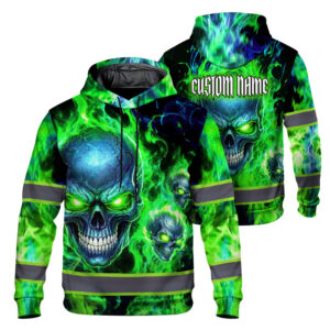 Hi Vis Hoodie Reflective Tape Green Neon Skull Custom Name Safety Workwear For Workers, Truckers, Operators