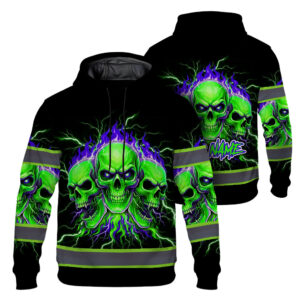 Hi Vis Hoodie Reflective Tape Green Violet Neon Skull Custom Name Safety Workwear For Workers, Truckers, Operators