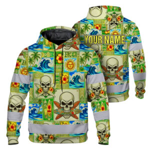 Hi Vis Hoodie Reflective Tape Green Waves Skull Custom Name Safety Workwear For Workers, Truckers, Operators