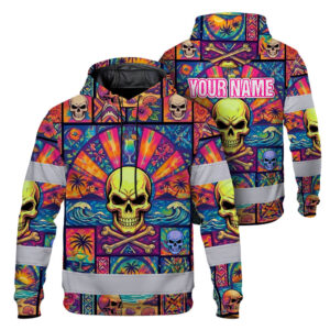 Hi Vis Hoodie Reflective Tape Skull Beach Custom Name Safety Workwear For Workers, Truckers, Operators