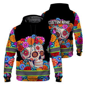 Hi Vis Hoodie Reflective Tape Sugar Skull Custom Name Safety Workwear For Workers, Truckers, Operators