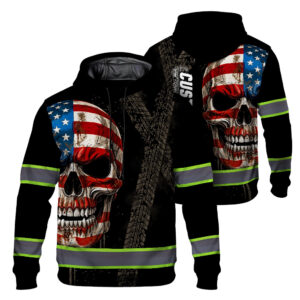 Hi Vis Hoodie Reflective Tape US Skull Flag Custom Name Safety Workwear For Workers, Truckers, Operators