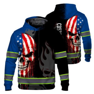 Hi Vis Hoodie Reflective Tape US Skull Flag Custom Name Safety Workwear For Workers, Truckers, Operators