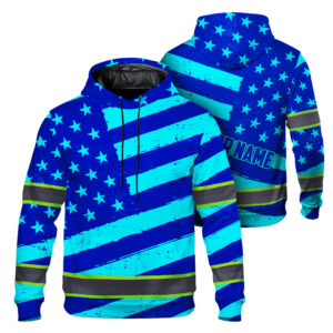 Hi Vis Hoodie Reflective Tapes Blue Neon US Flag Custom Name Safety Workwear For Workers, Runners, Cyclists, Patriotic