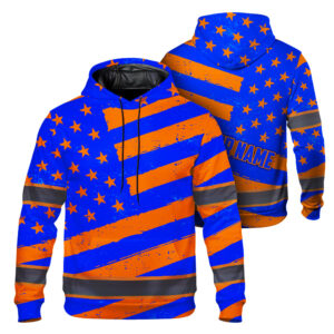 Hi Vis Hoodie Reflective Tapes Blue Orange Neon US Flag Custom Name Safety Workwear For Workers, Runners, Cyclists, Patriotic