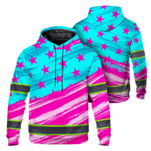 Hi Vis Hoodie Reflective Tapes Blue Pink US Flag 2 Custom Name Safety Workwear For Workers, Runners, Cyclists, Patriotic