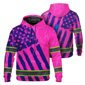 Hi Vis Hoodie Reflective Tapes Blue Pink US Flag Custom Name Safety Workwear For Workers, Runners, Cyclists, Patriotic