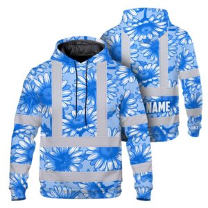 Hi Vis Hoodie Reflective Tapes Blue White Daisies Custom Name Safety Workwear For Workers, Truckers, Operators