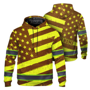 Hi Vis Hoodie Reflective Tapes Brown Yellow Neon US Flag Custom Name Safety Workwear For Workers, Runners, Cyclists, Patriotic