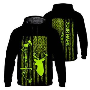 Hi Vis Hoodie Reflective Tapes Deer Bow Hunting American Flag Custom Name Safety Workwear For Workers, Truckers, Operators