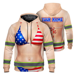 Hi Vis Hoodie Reflective Tapes Funny US Flag Custom Name Safety Workwear For Workers, Runners, Cyclists, Patriotic