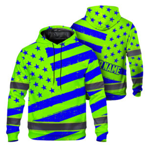 Hi Vis Hoodie Reflective Tapes Green Blue Neon US Flag Custom Name Safety Workwear For Workers, Runners, Cyclists, Patriotic