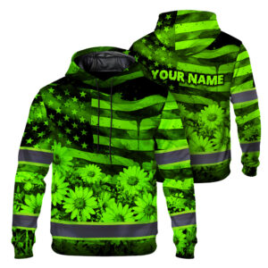Hi Vis Hoodie Reflective Tapes Green Neon Flower US Flag Custom Name Safety Workwear For Workers, Runners, Cyclists, Patriotic