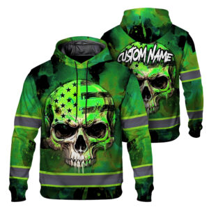 Hi Vis Hoodie Reflective Tapes Green Neon Skull Custom Name Safety Workwear For Workers, Runners, Cyclists, Patriotic