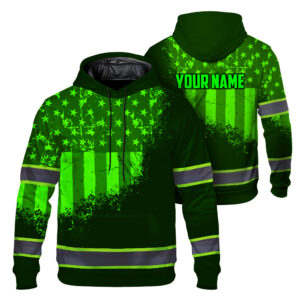 Hi Vis Hoodie Reflective Tapes Green Neon US Flag 2 Custom Name Safety Workwear For Workers, Runners, Cyclists, Patriotic