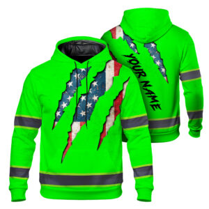 Hi Vis Hoodie Reflective Tapes Green Neon US Flag Scratch Mark Custom Name Safety Workwear For Workers, Runners, Cyclists, Patriotic