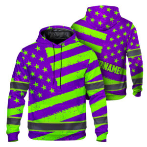 Hi Vis Hoodie Reflective Tapes Green Violet Neon US Flag Custom Name Safety Workwear For Workers, Runners, Cyclists, Patriotic